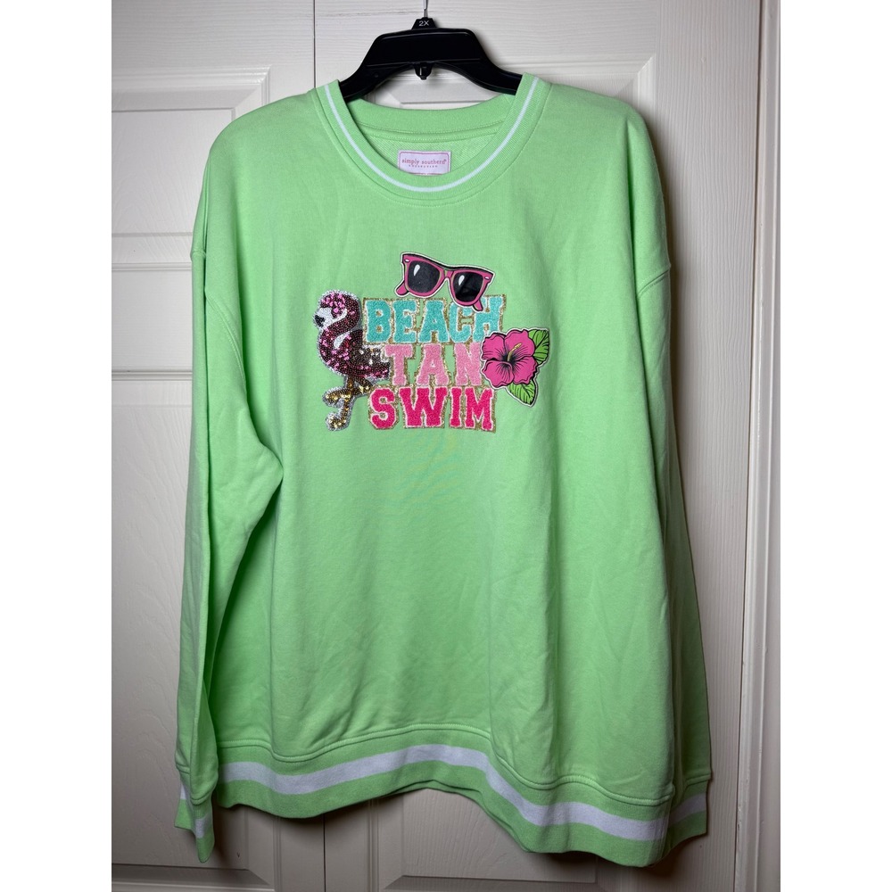 Simply Southern Beach Tan Swim Varsity Sweatshirt Lime Green XXL New
